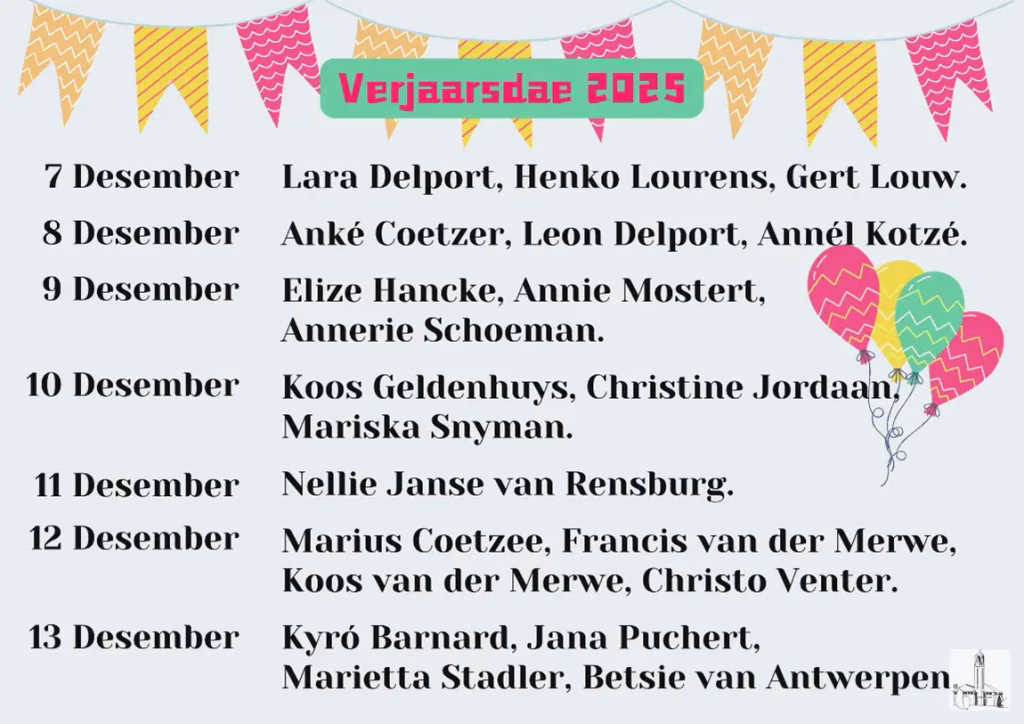 Verjaarsdae Week 50 NG Kerk Groot-Brakrivier