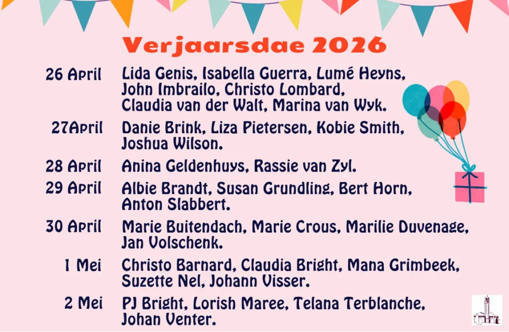 Verjaarsdae Week 18 NG Kerk Groot-Brakrivier