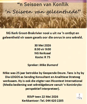 Getuienisbediening Ontbyt 30 Mei 2026 NG Kerk Groot-Brakrivier