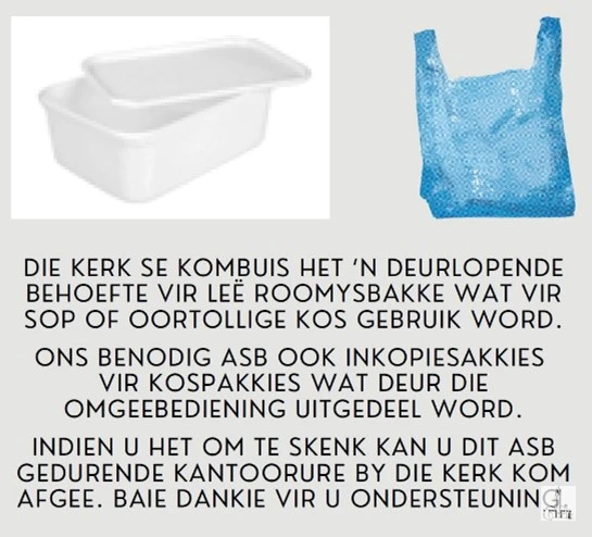 Roomysbakke en Plastiek sakke NG Kerk Groot-Brakrivier