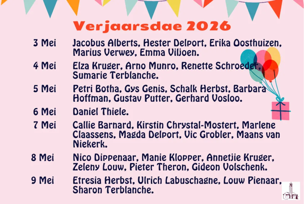 Verjaarsdae Week 19 van 2026 NG Kerk Groot-Brakrivier