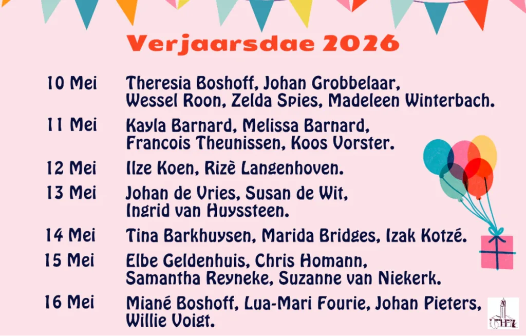 Verjaarsdae Week 20 van 2026 NG Kerk Groot-Brakrivier