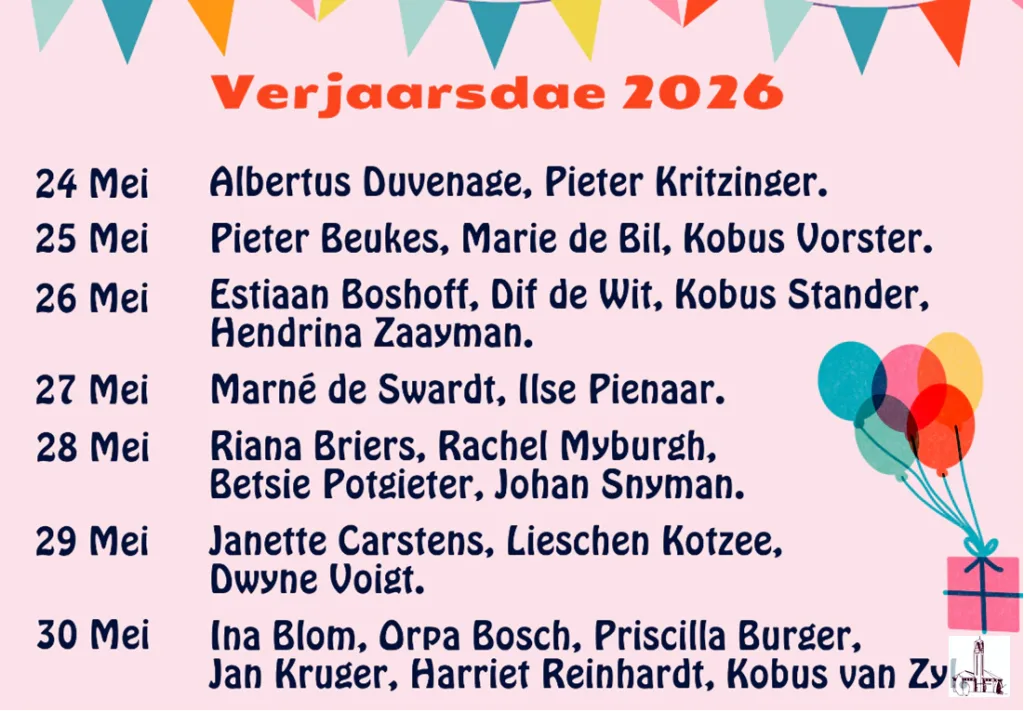 Verjaarsdae Week 22 van 2026 NG Kerk Groot-Brakrivier