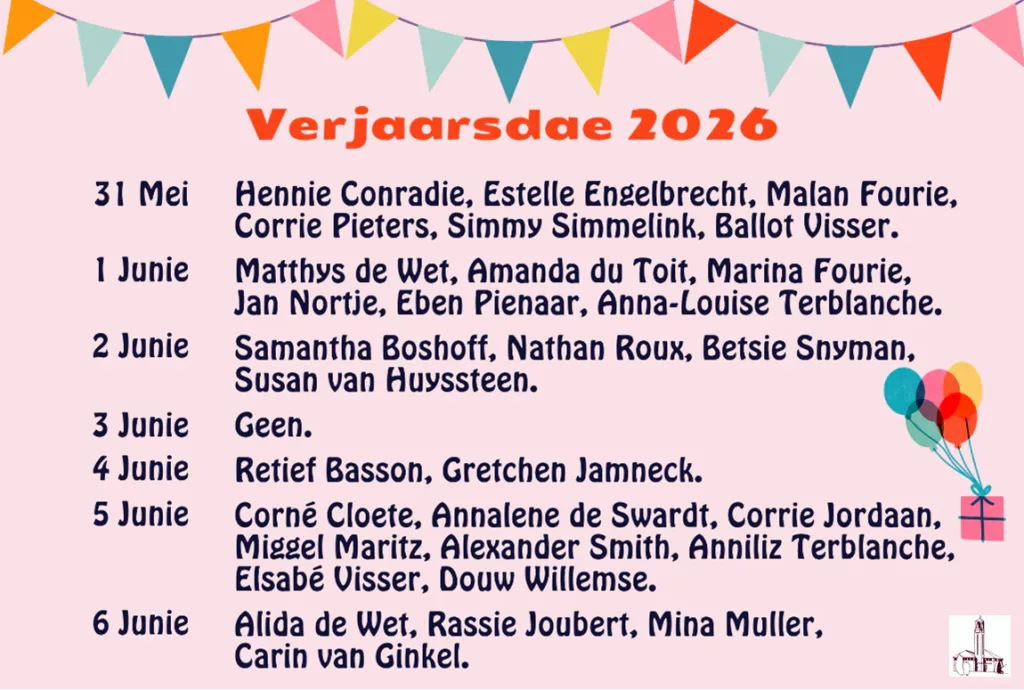 Verjaarsdae Week 23 van 2026 NG Kerk Groot-Brakrivier