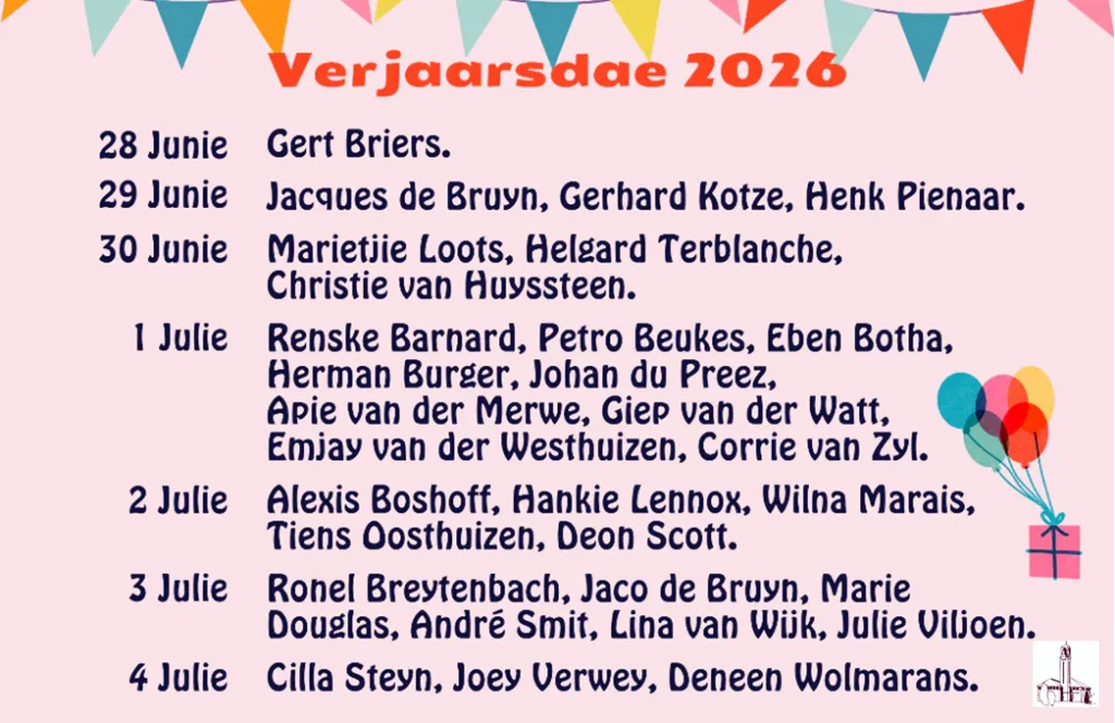 Verjaarsdae Week 27 NG Kerk Groot-Brakrivier