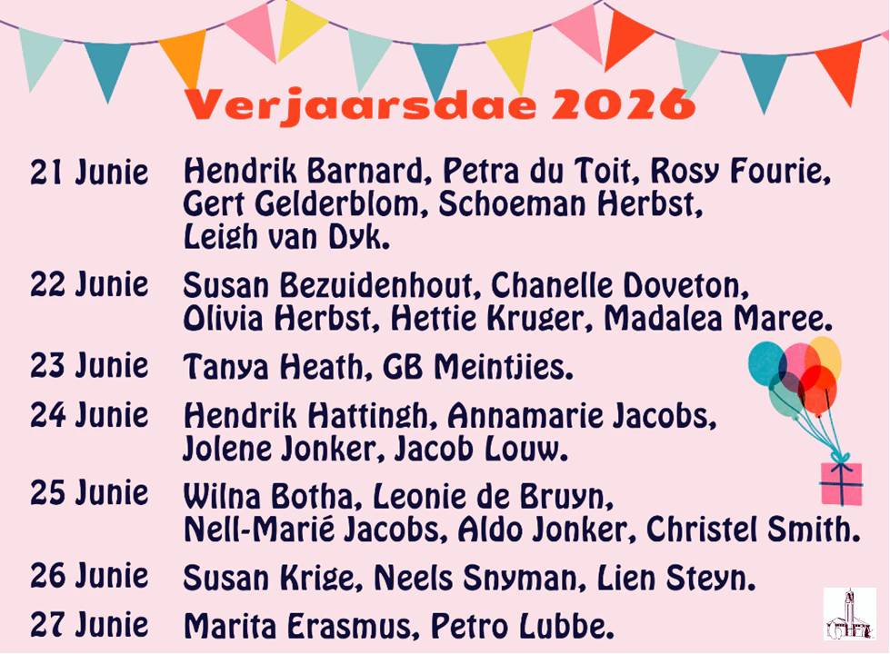 Verjaarsdae Week 28 NG Kerk Groot-Brakrivier