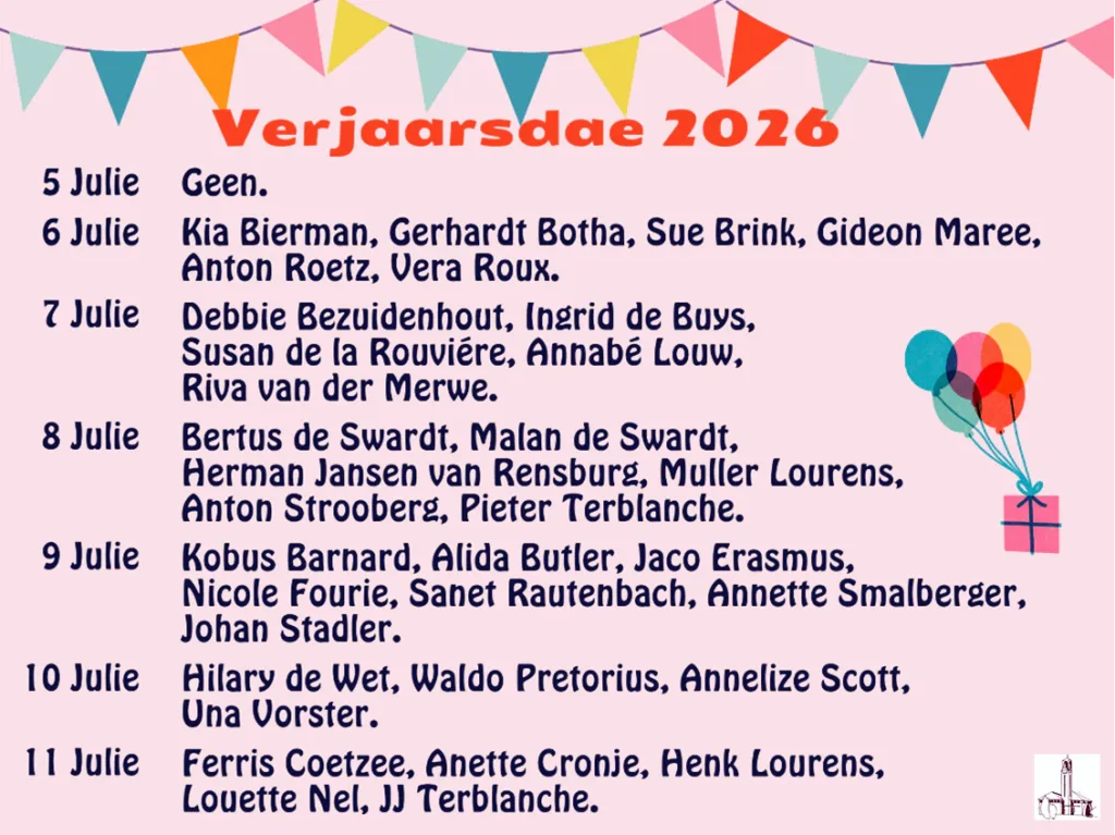 Verjaarsdae Week 28 NG Kerk Groot-Brakrivier