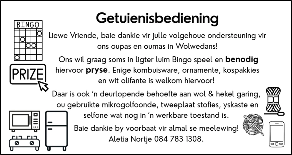 Geteuienisbediening behoeftes September 2026 NG Kerk Groot-Brakrivier