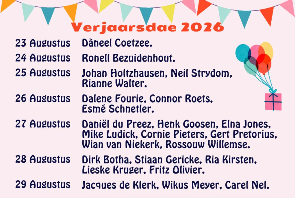 Verjaarsdae Week 35 van 2026 NG Kerk Groot-Brakrivier