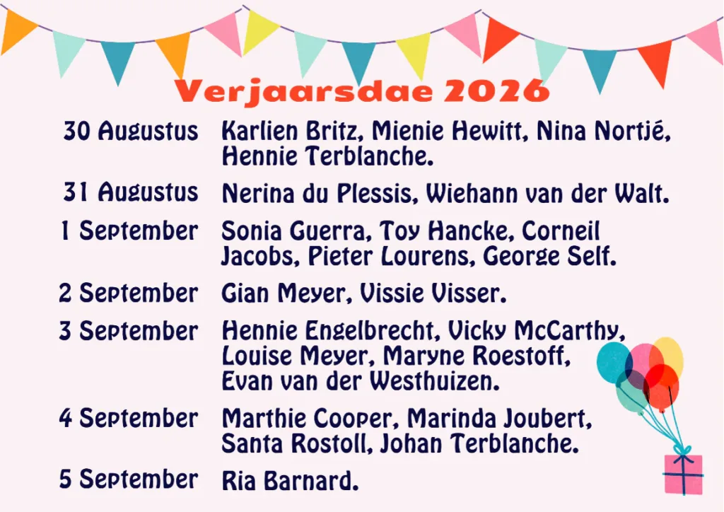Verjaarsdae Week 36 van 2026 NG Kerk Groot-Brakrivier