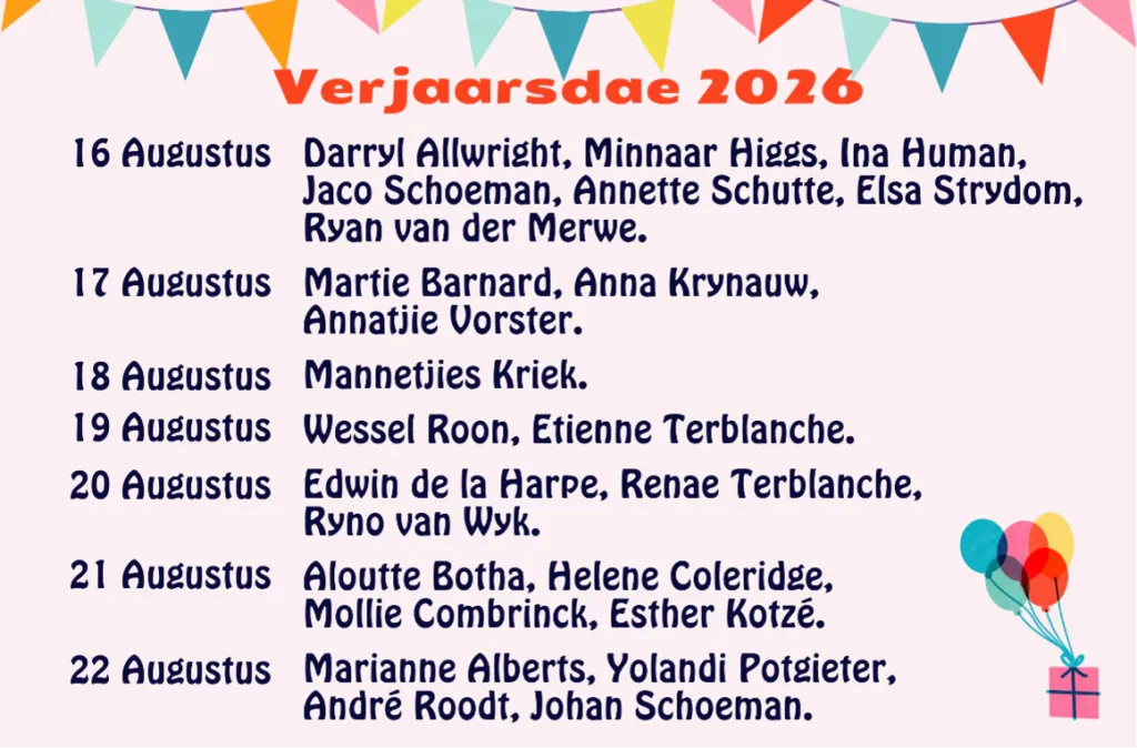 Verjaarsdae Week 36 van 2026 NG Kerk Groot-Brakrivier