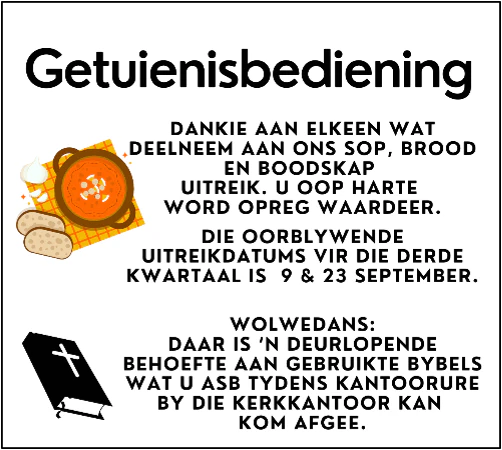 Getuienisbediening Wolwedans Boordksp Sop en brood NG Kerk Groot-Brakrivier