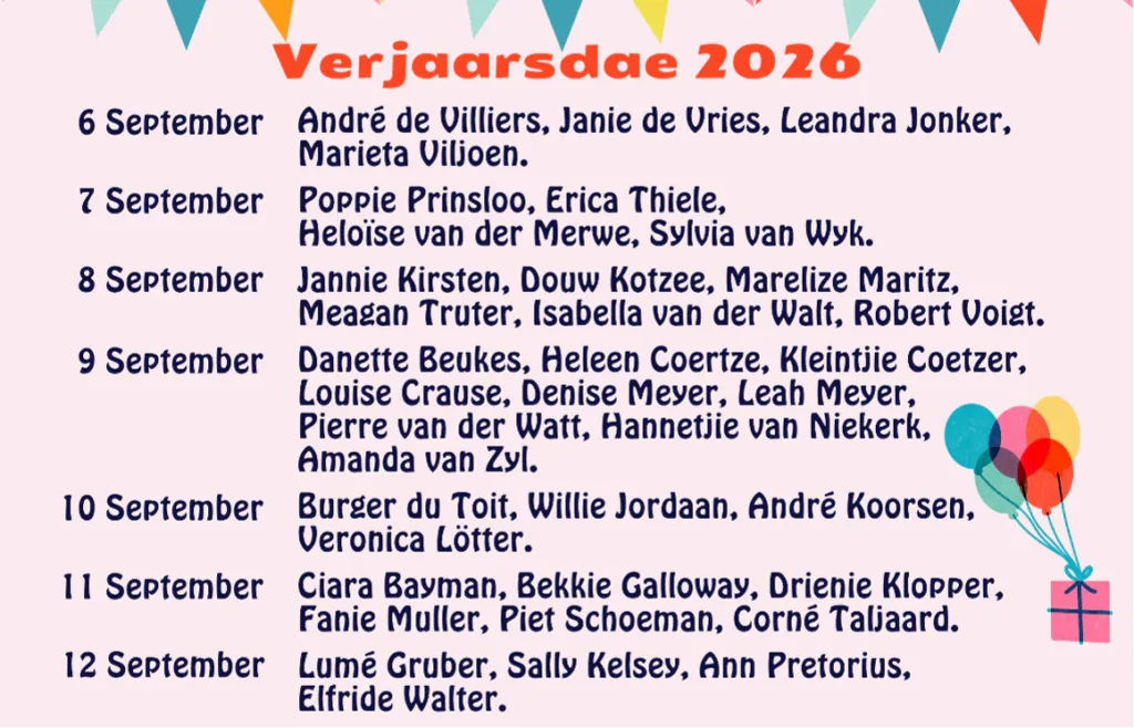 Verjaarsdae Week 37 van 2026 NG Kerk Groot-Brakrivier