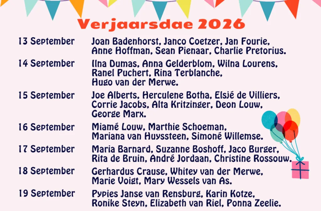 Verjaarsdae Week38 NG Kerk Groot-Brakrivier