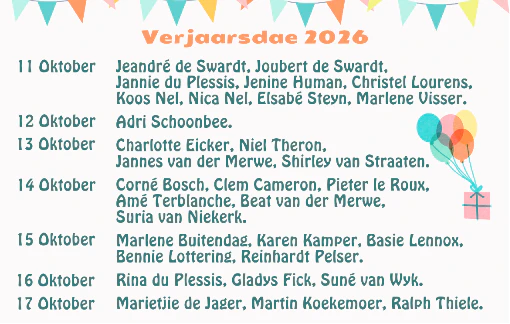 Verjaarsdae Week 42 NG Kerk Groot-Brakrivier