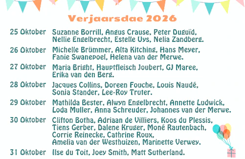 Verjaarsdae Week 44 NG Kerk Groot-Brakrivier